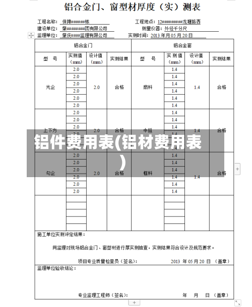 铝件费用表(铝材费用表)